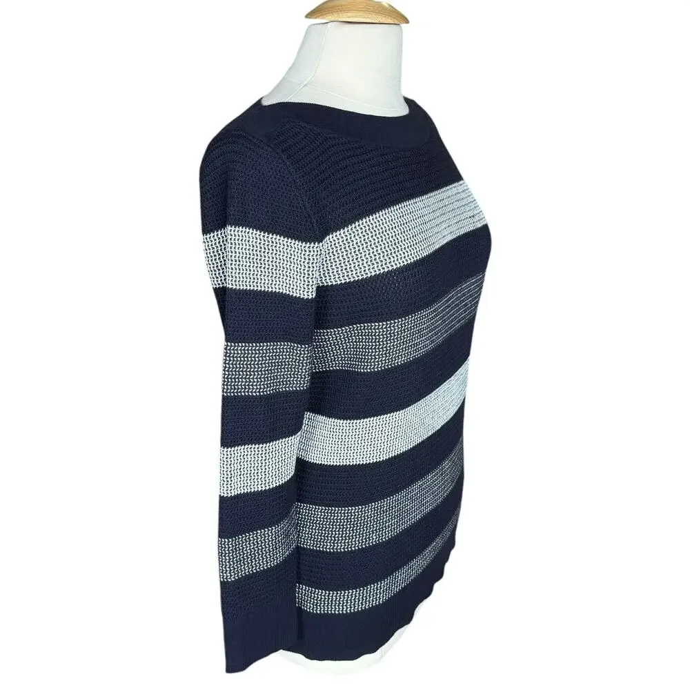 NWT Market & Spruce Tawnee Waffle Stitch Striped Pullover Sweater Navy/White MP